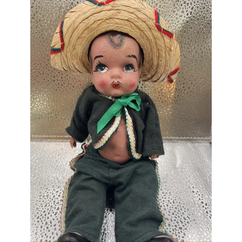 Vintage 1940's Made in Mexico Boy Doll Composition Body Ragged Clothes Medium‎